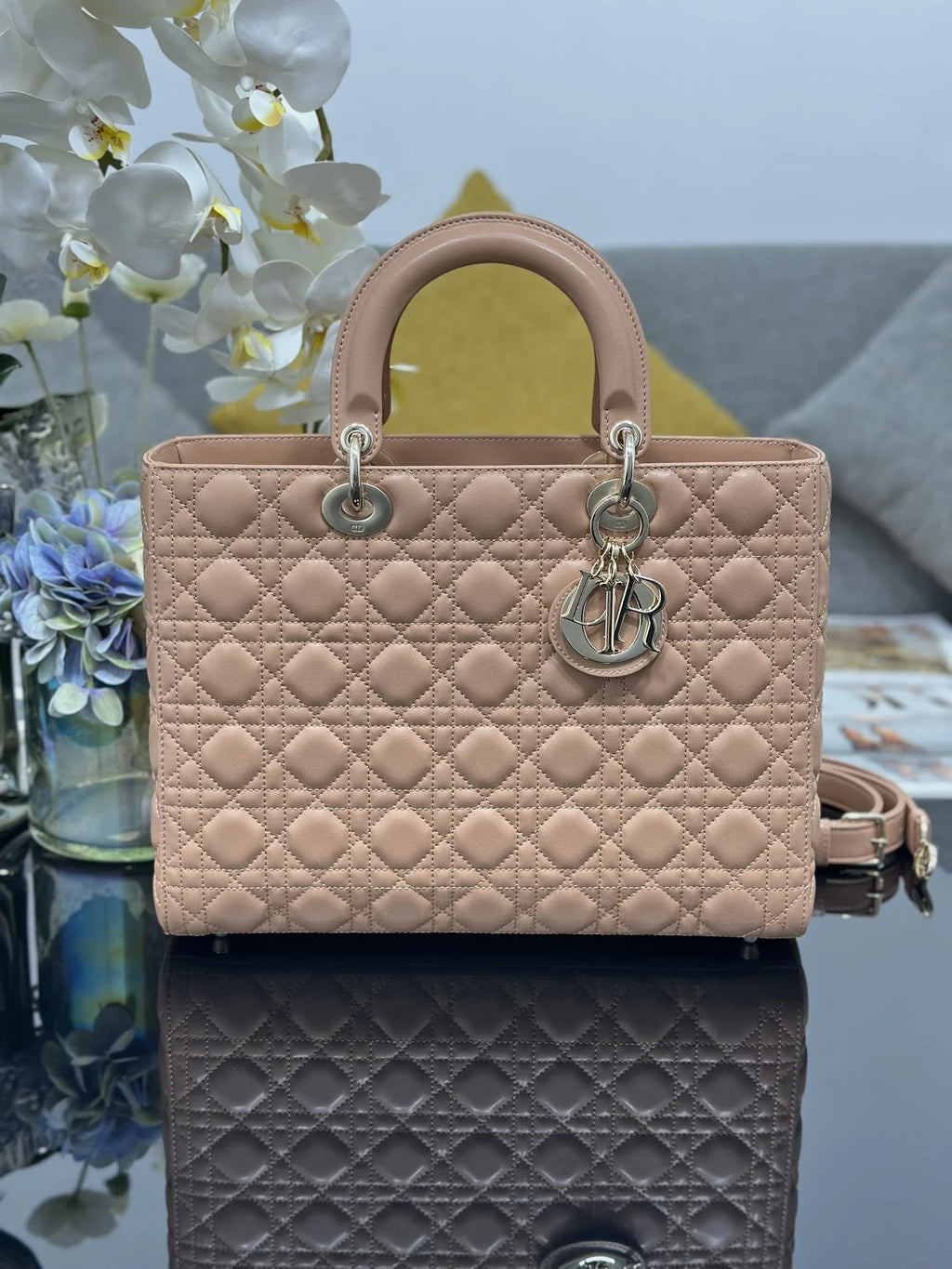 Large Lady Dior Bag M0566 Power Pink Lambskin Gold Hardware - Default Title - View 1
