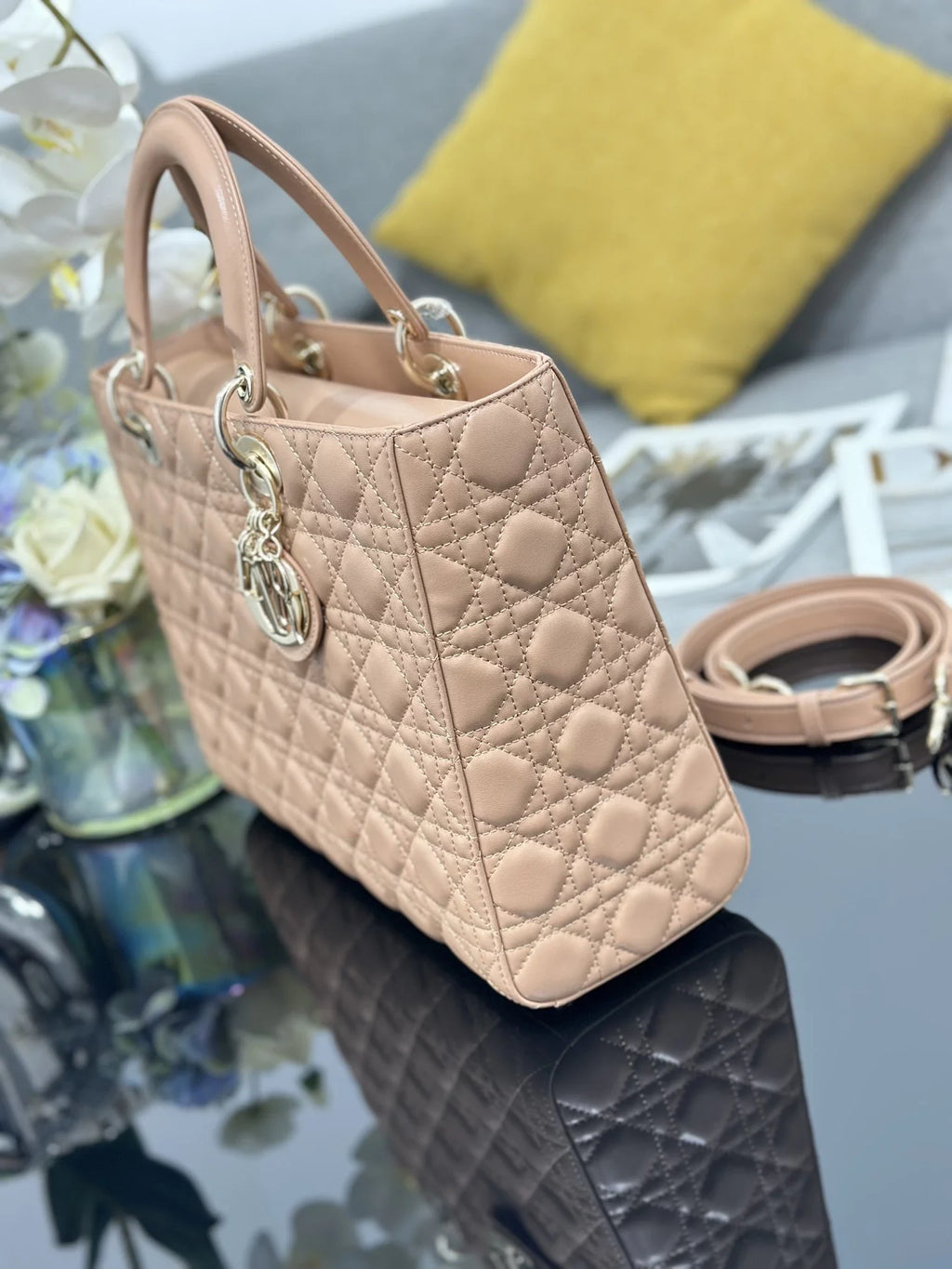 Large Lady Dior Bag M0566 Power Pink Lambskin Gold Hardware - Default Title - View 4