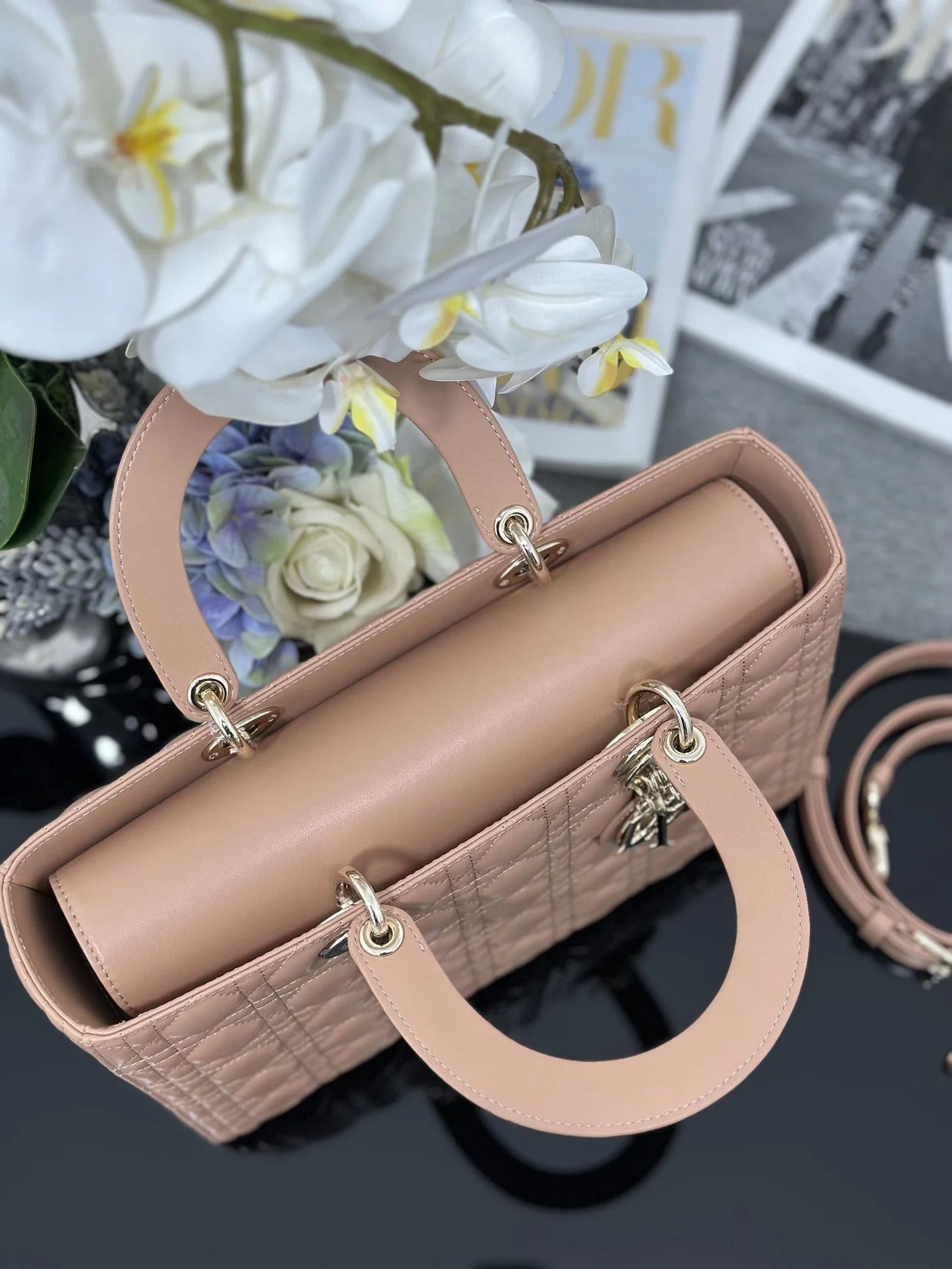 Large Lady Dior Bag M0566 Power Pink Lambskin Gold Hardware - Default Title - View 7