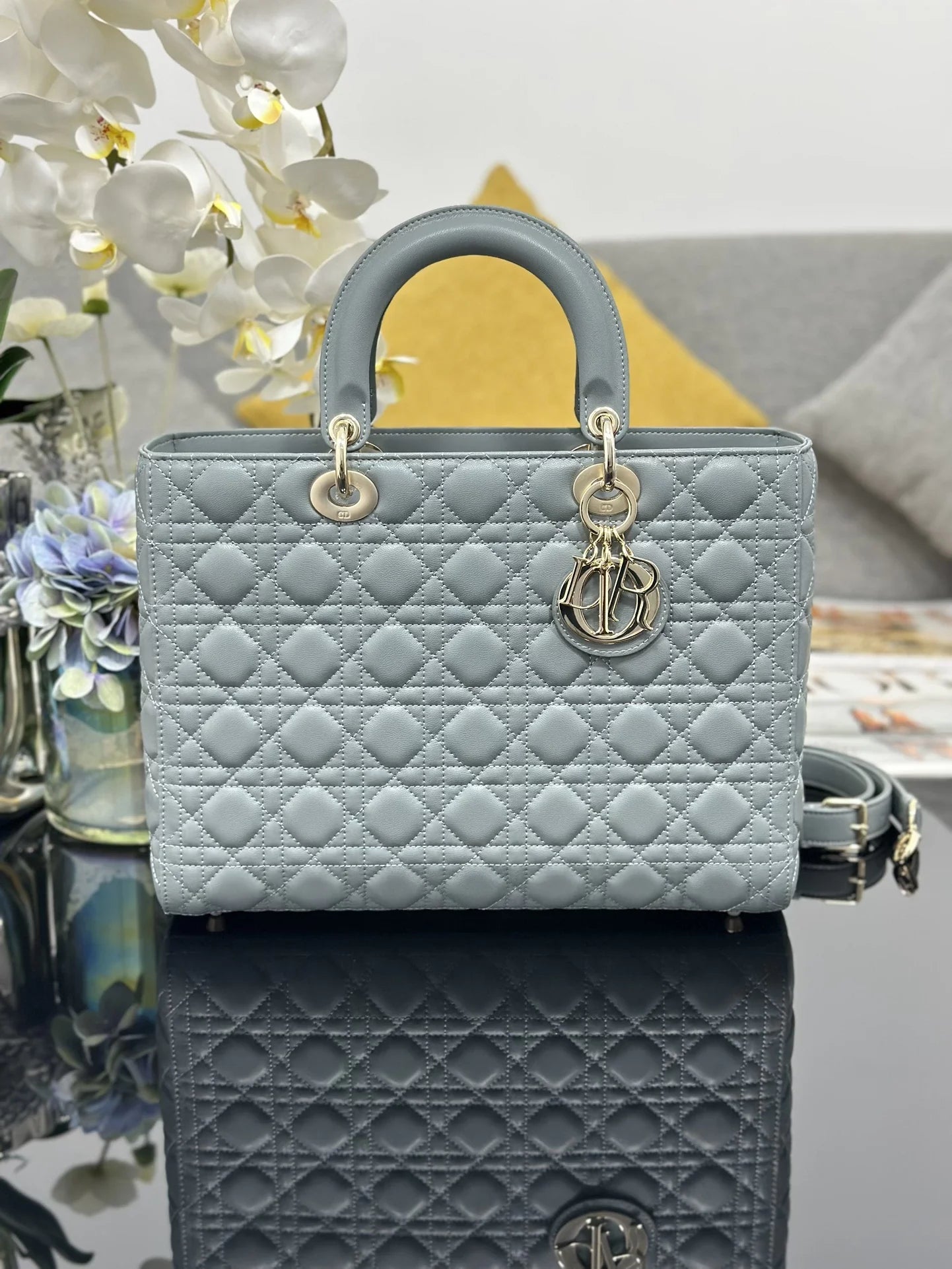 Large Lady Dior Bag M0566 Gray Lambskin Gold Hardware - Default Title - View 1