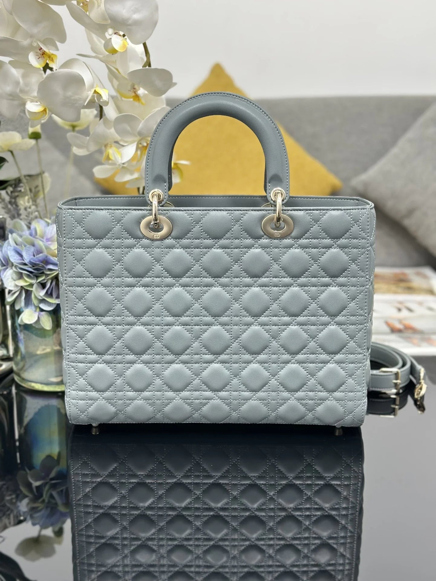 Large Lady Dior Bag M0566 Gray Lambskin Gold Hardware - Default Title - View 3