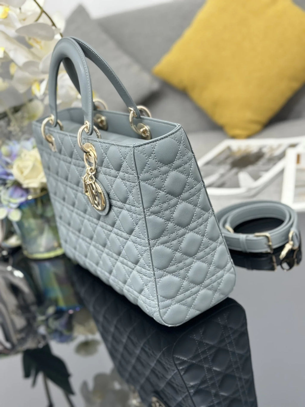 Large Lady Dior Bag M0566 Gray Lambskin Gold Hardware - Default Title - View 4