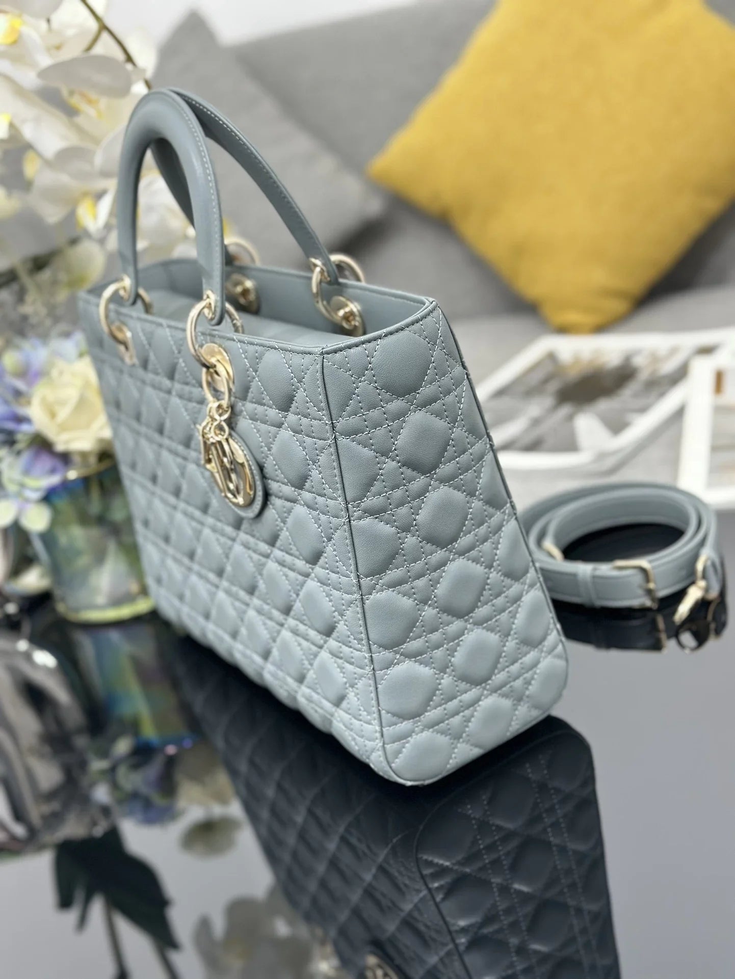 Large Lady Dior Bag M0566 Gray Lambskin Gold Hardware - Default Title - View 4