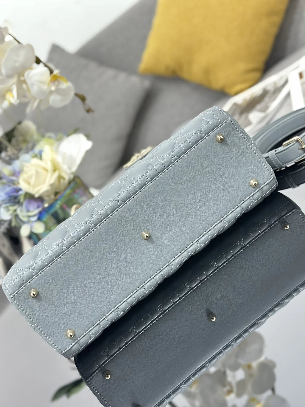 Large Lady Dior Bag M0566 Gray Lambskin Gold Hardware - Default Title - View 5