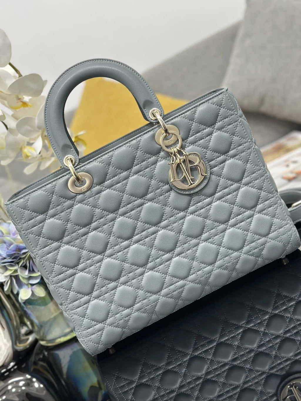 Large Lady Dior Bag M0566 Gray Lambskin Gold Hardware - Default Title - View 2