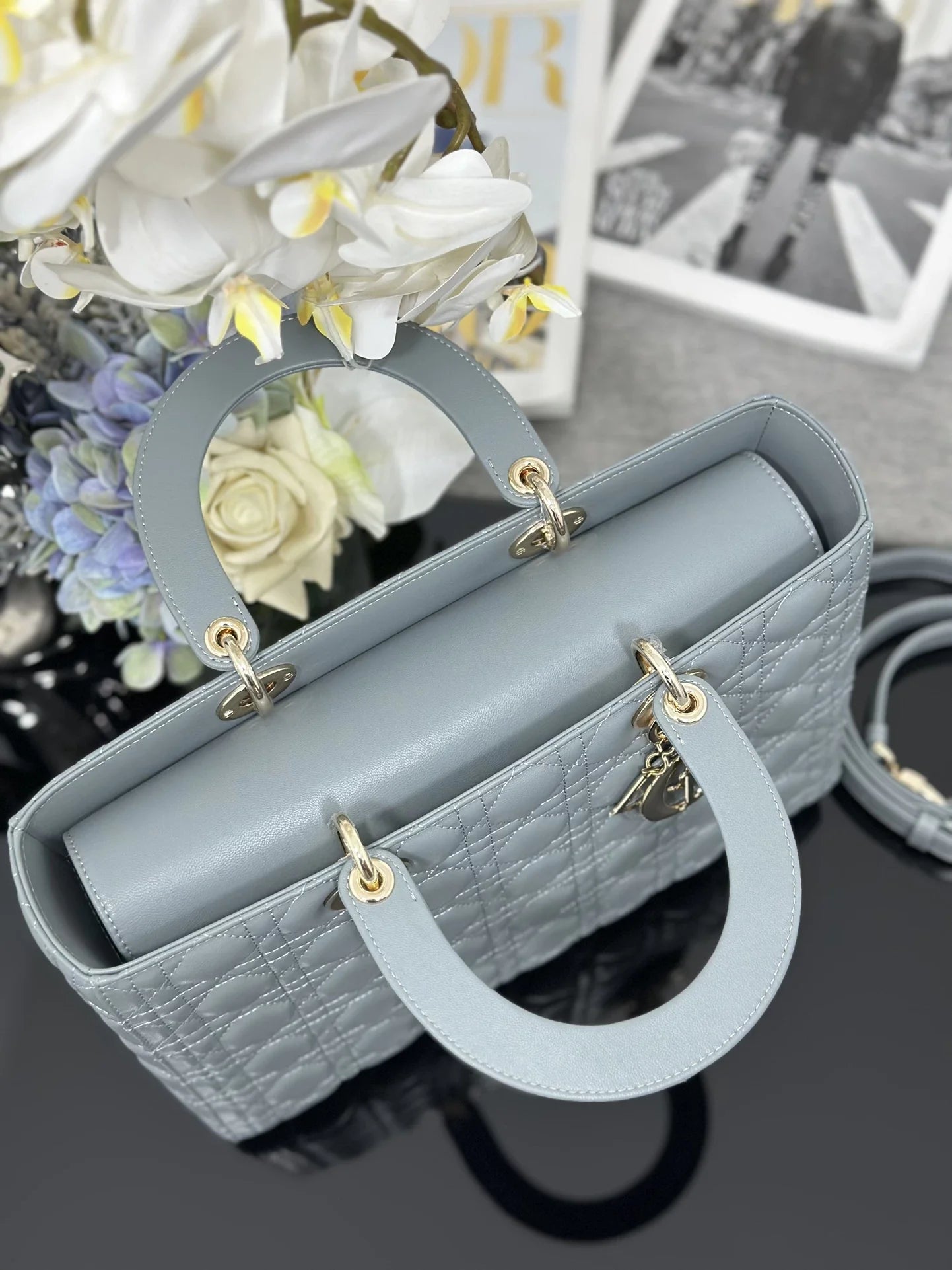 Large Lady Dior Bag M0566 Gray Lambskin Gold Hardware - Default Title - View 7