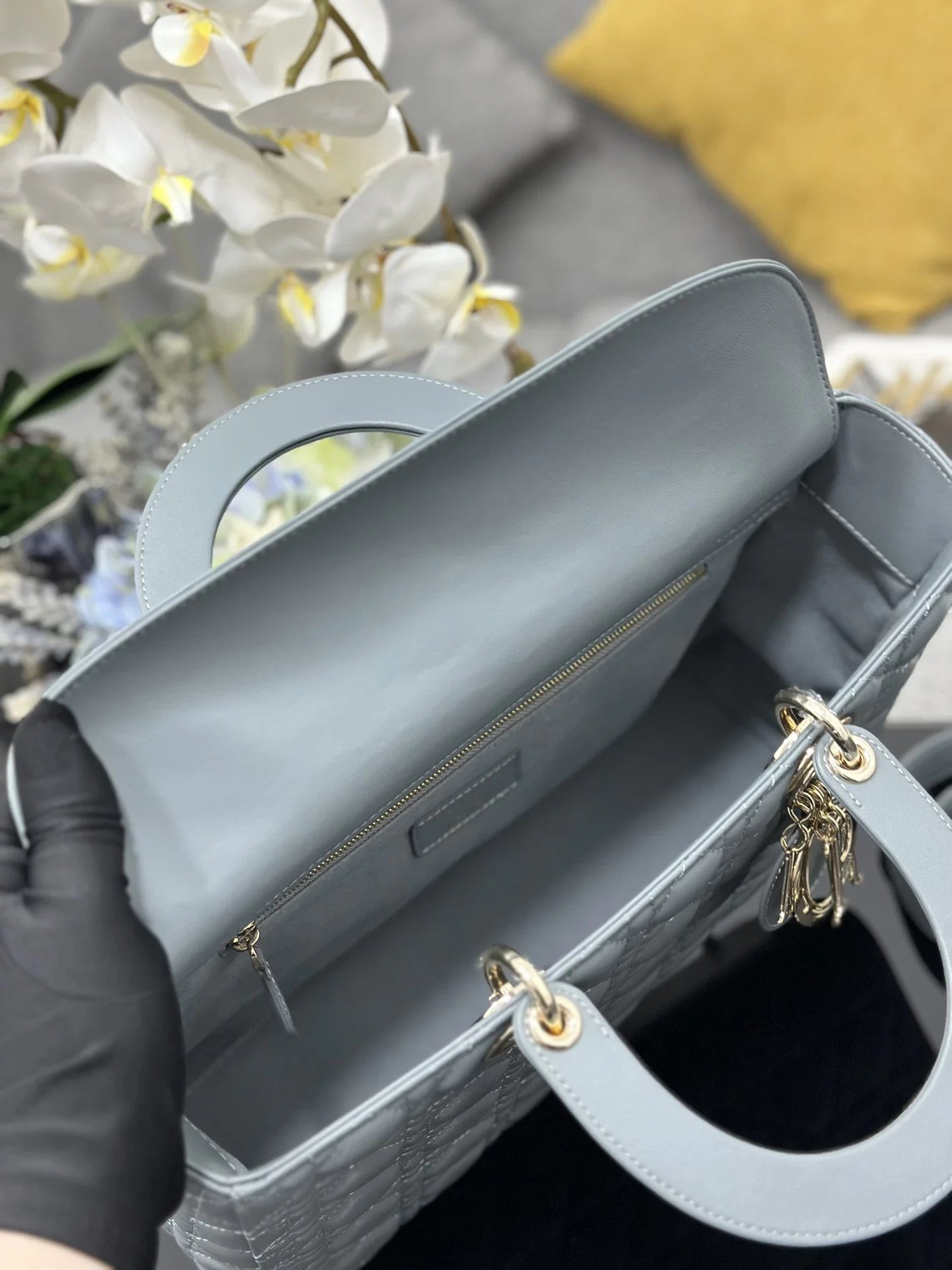 Large Lady Dior Bag M0566 Gray Lambskin Gold Hardware - Default Title - View 8