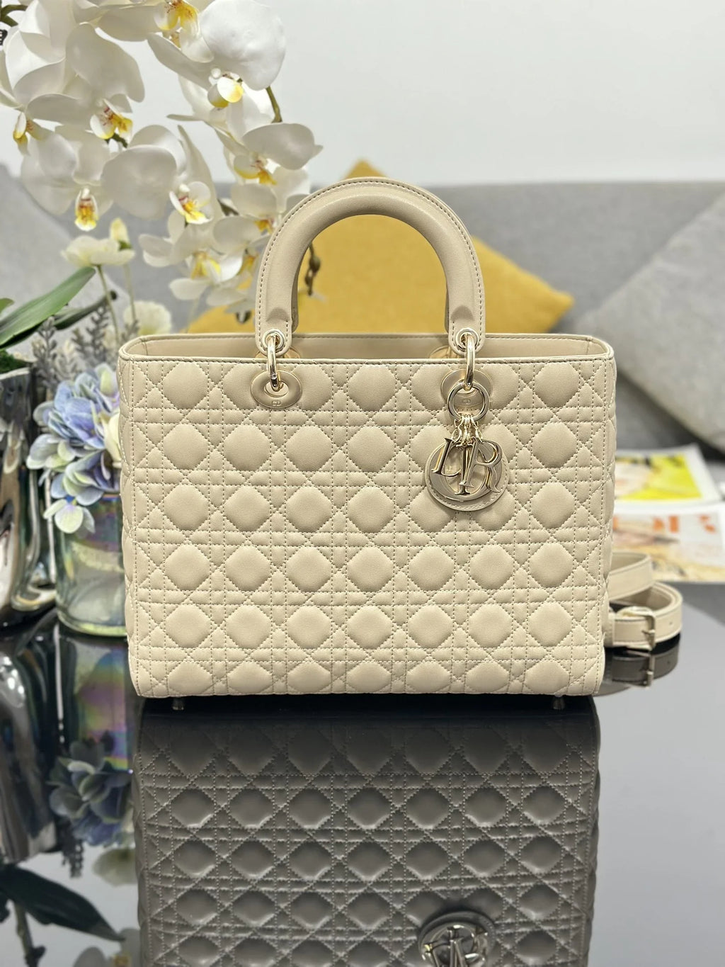 Large Lady Dior Bag M0566 Apricot Lambskin Gold Hardware - Default Title - View 1