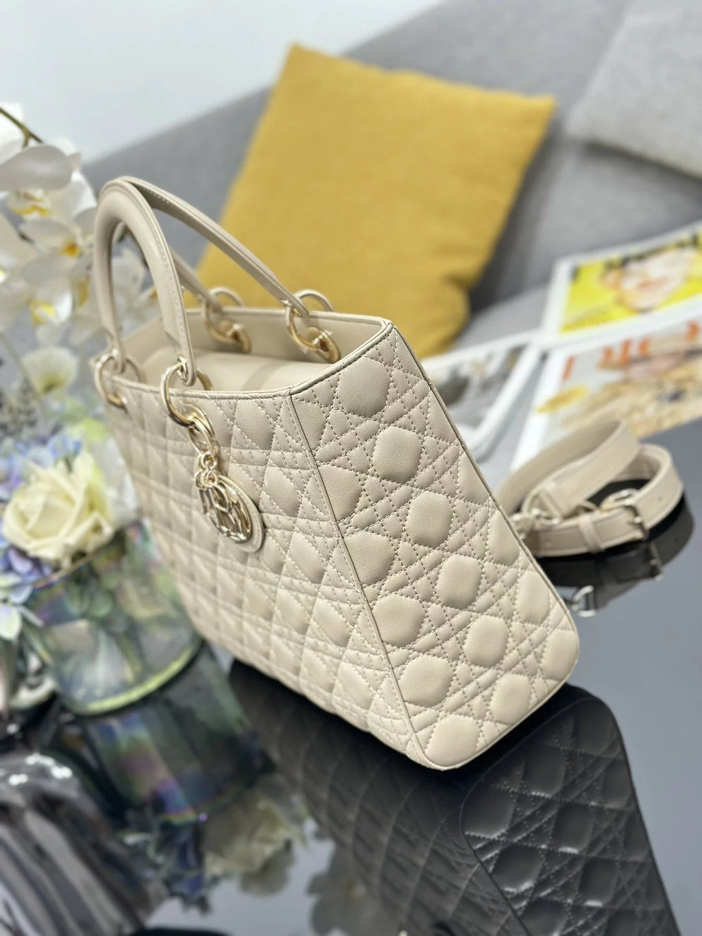 Large Lady Dior Bag M0566 Apricot Lambskin Gold Hardware - Default Title - View 3