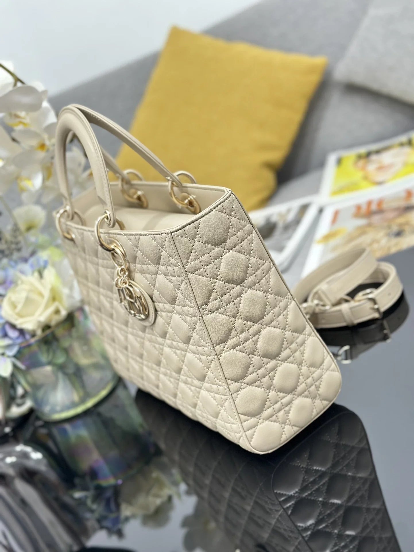 Large Lady Dior Bag M0566 Apricot Lambskin Gold Hardware - Default Title - View 3
