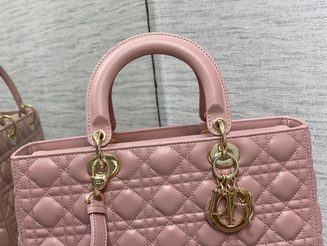 Large Lady Dior Bag M0566 Pink Lambskin Gold Hardware - Default Title - View 3