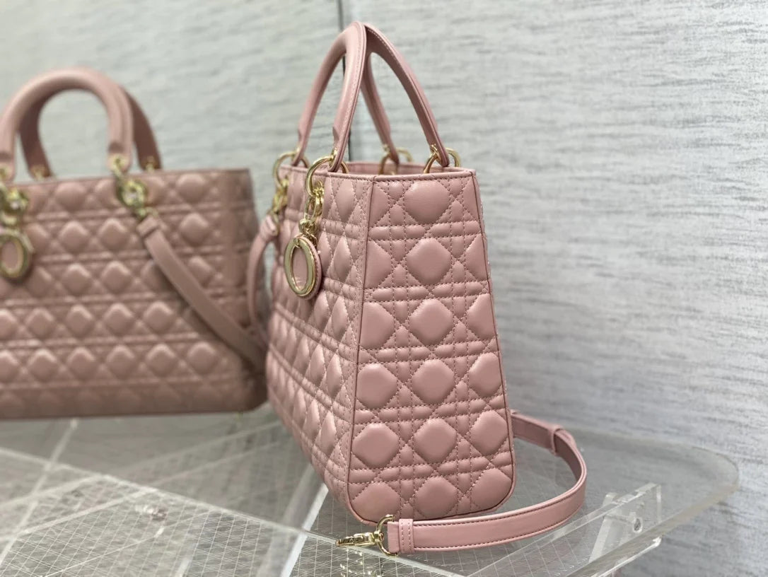 Large Lady Dior Bag M0566 Pink Lambskin Gold Hardware - Default Title - View 6