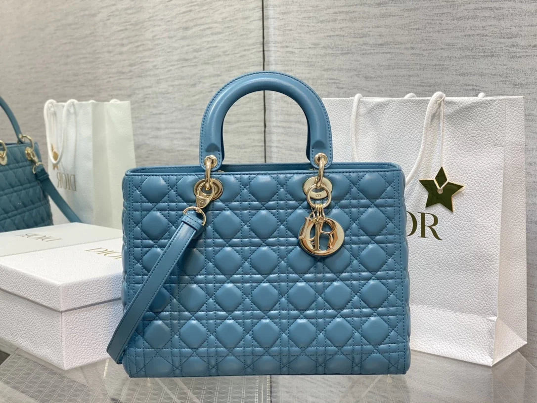Large Lady Dior Bag M0566 Blue Lambskin Gold Hardware - Default Title - View 1