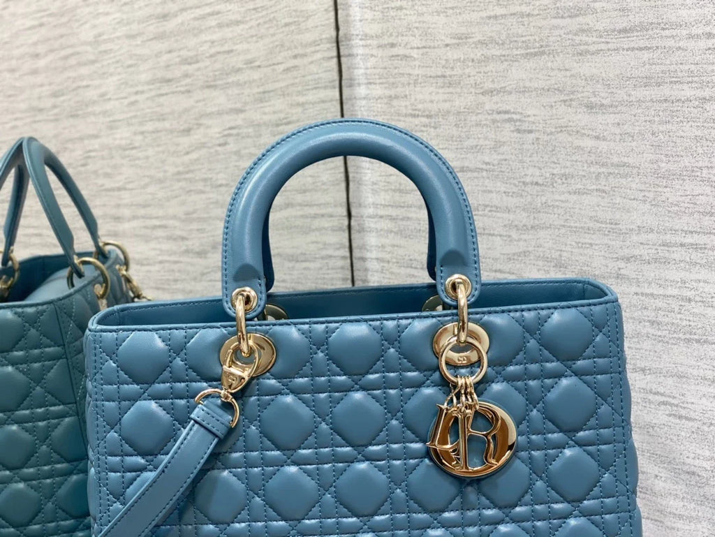 Large Lady Dior Bag M0566 Blue Lambskin Gold Hardware - Default Title - View 3