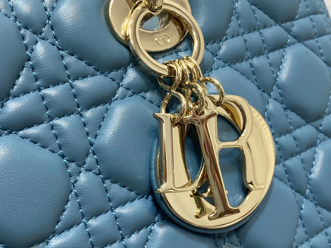 Large Lady Dior Bag M0566 Blue Lambskin Gold Hardware - Default Title - View 4