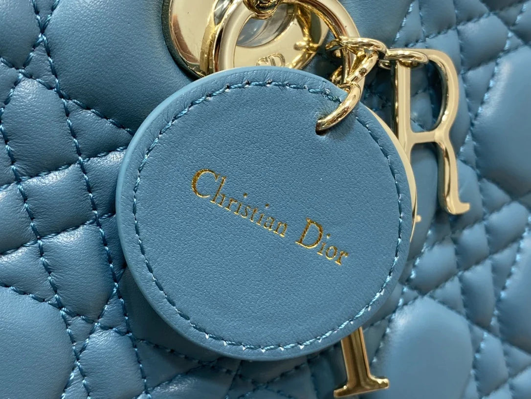 Large Lady Dior Bag M0566 Blue Lambskin Gold Hardware - Default Title - View 5