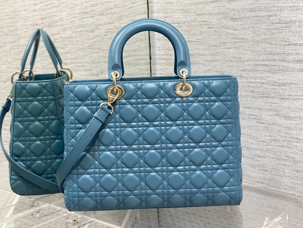 Large Lady Dior Bag M0566 Blue Lambskin Gold Hardware - Default Title - View 2