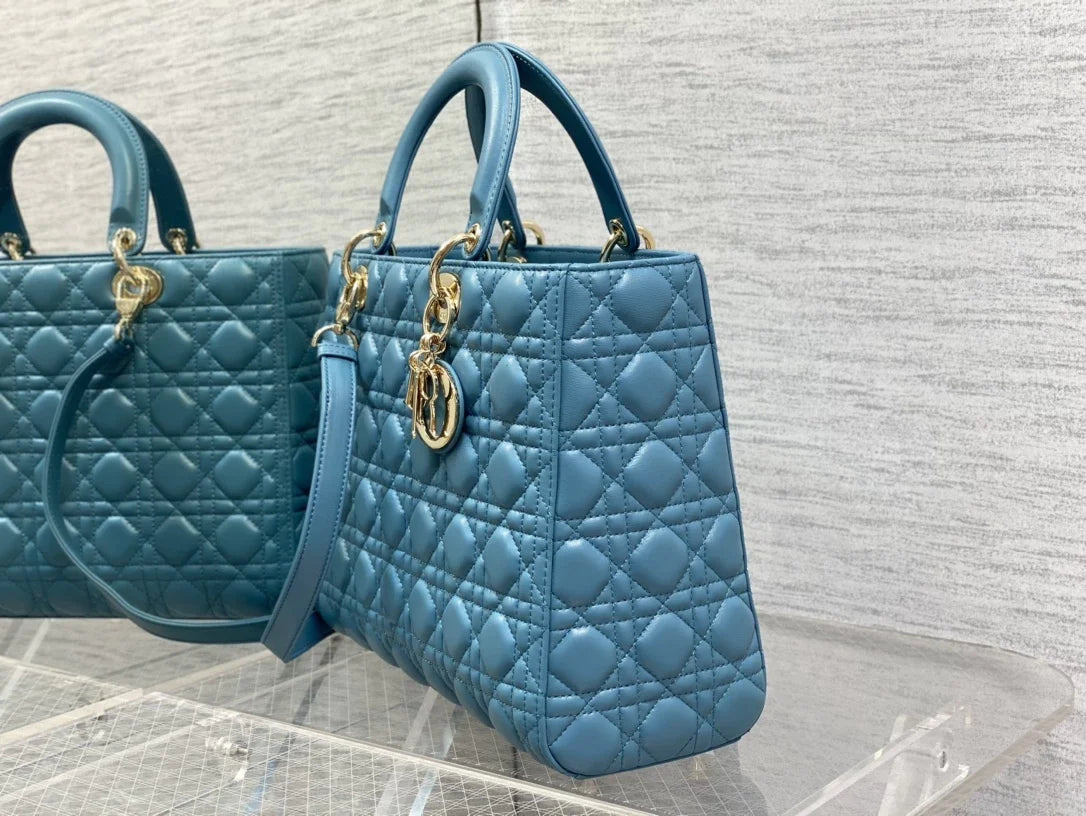 Large Lady Dior Bag M0566 Blue Lambskin Gold Hardware - Default Title - View 6