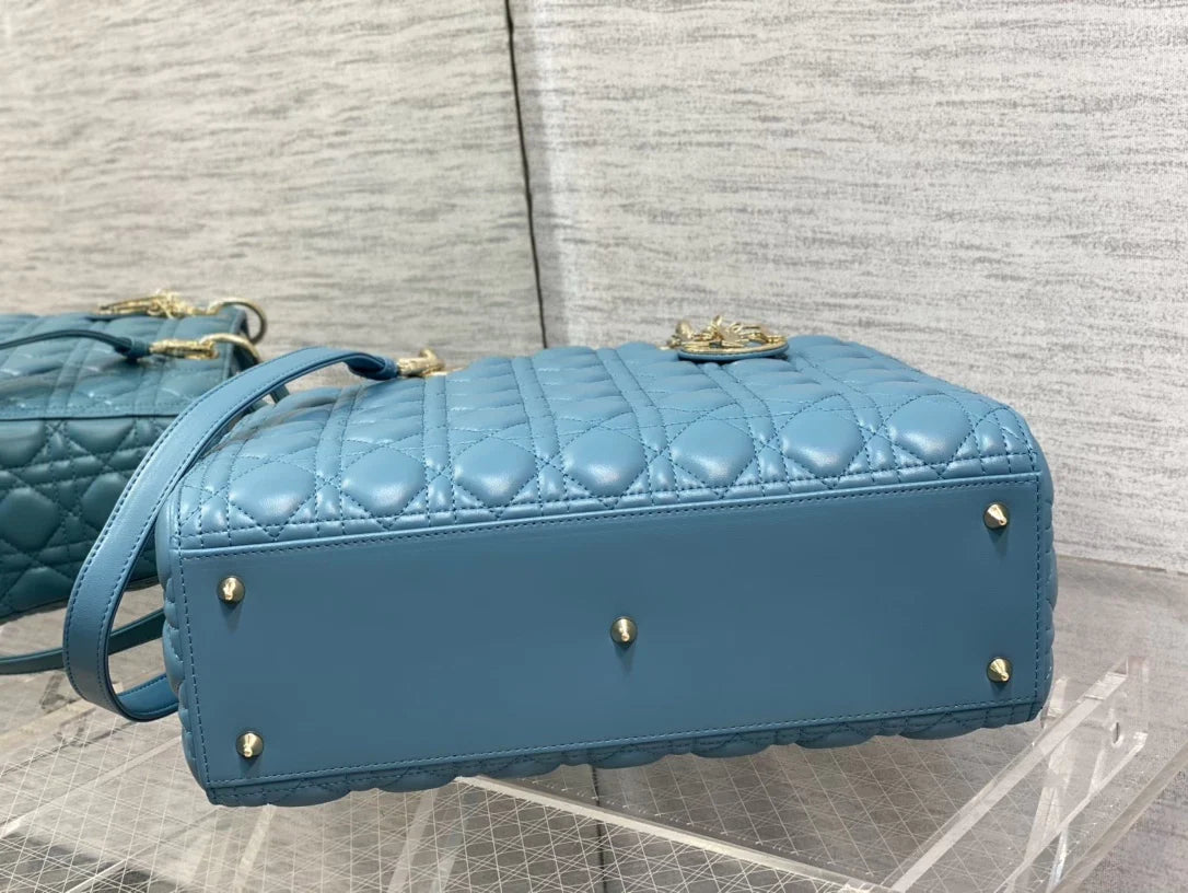 Large Lady Dior Bag M0566 Blue Lambskin Gold Hardware - Default Title - View 7