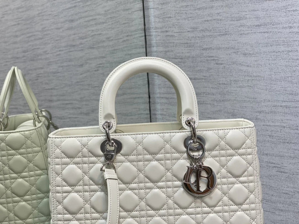 Large Lady Dior Bag M0566 White Lambskin Silver Hardware - Default Title - View 5