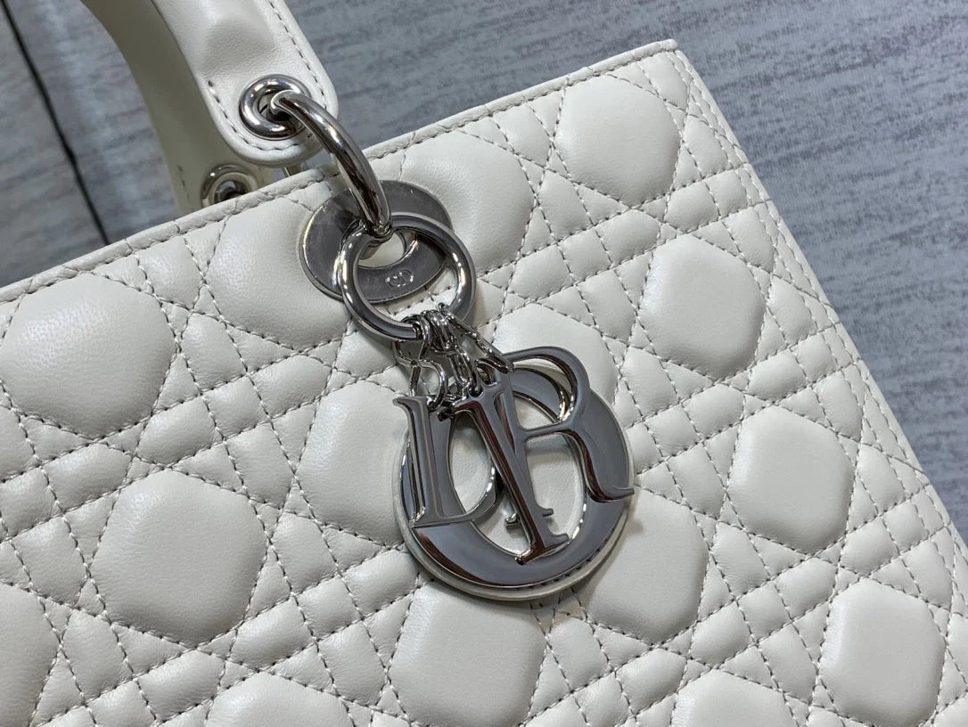 Large Lady Dior Bag M0566 White Lambskin Silver Hardware - Default Title - View 6