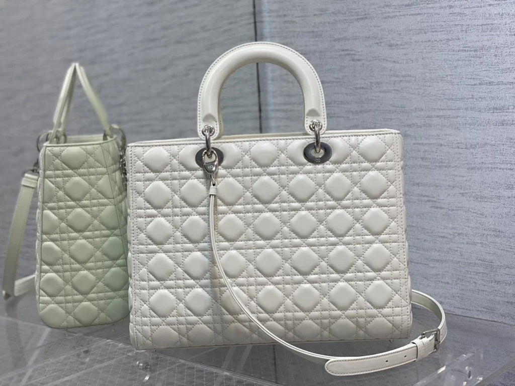 Large Lady Dior Bag M0566 White Lambskin Silver Hardware - Default Title - View 2
