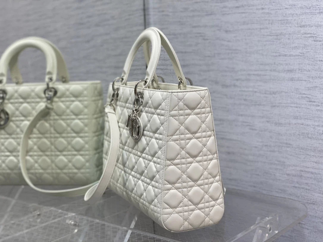 Large Lady Dior Bag M0566 White Lambskin Silver Hardware - Default Title - View 3