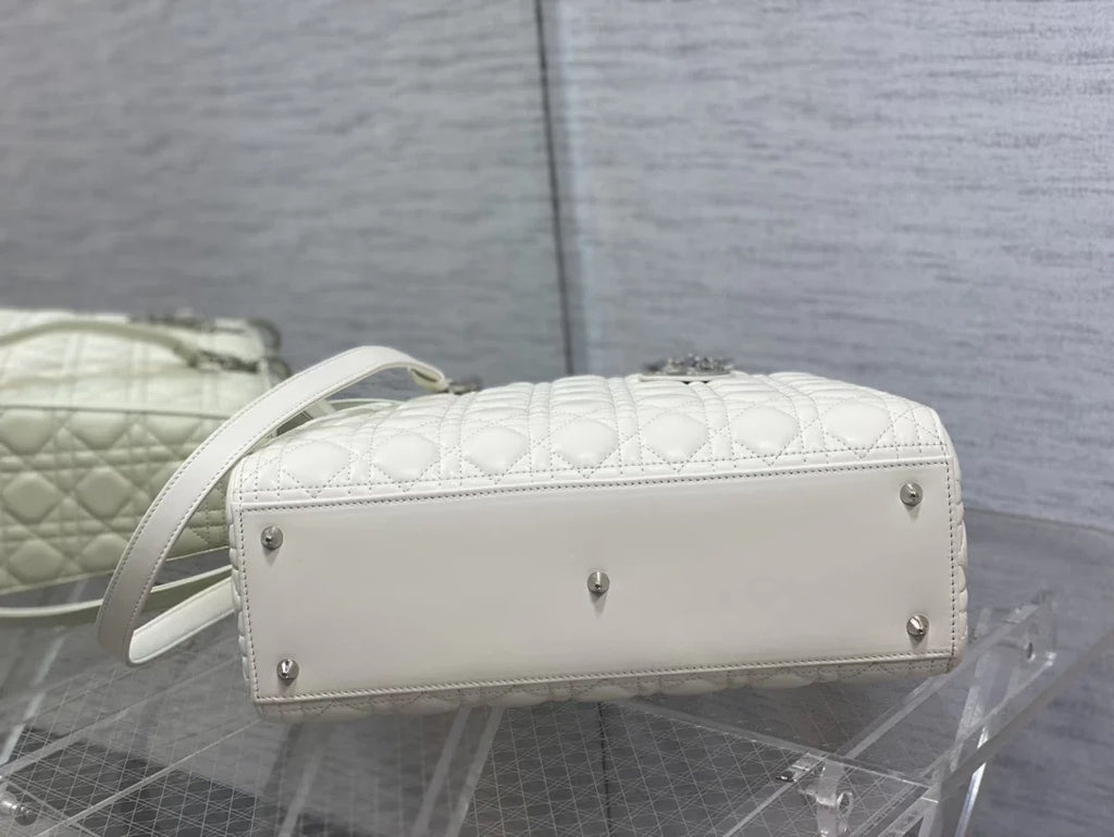 Large Lady Dior Bag M0566 White Lambskin Silver Hardware - Default Title - View 4