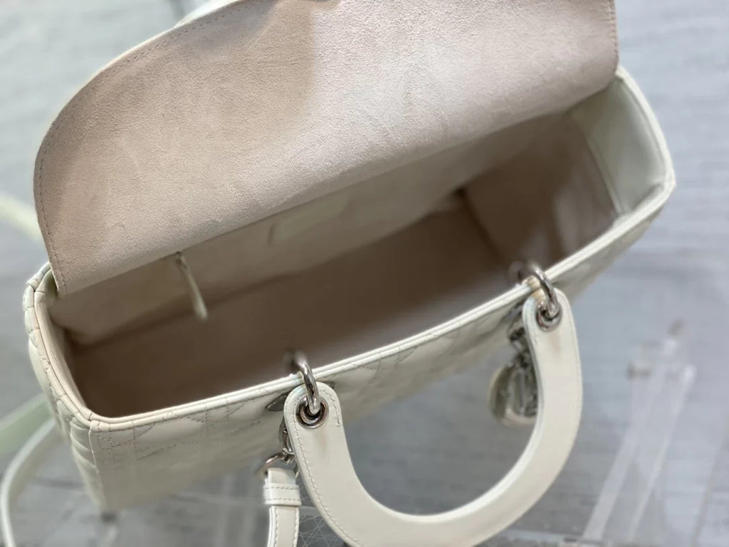 Large Lady Dior Bag M0566 White Lambskin Silver Hardware - Default Title - View 8