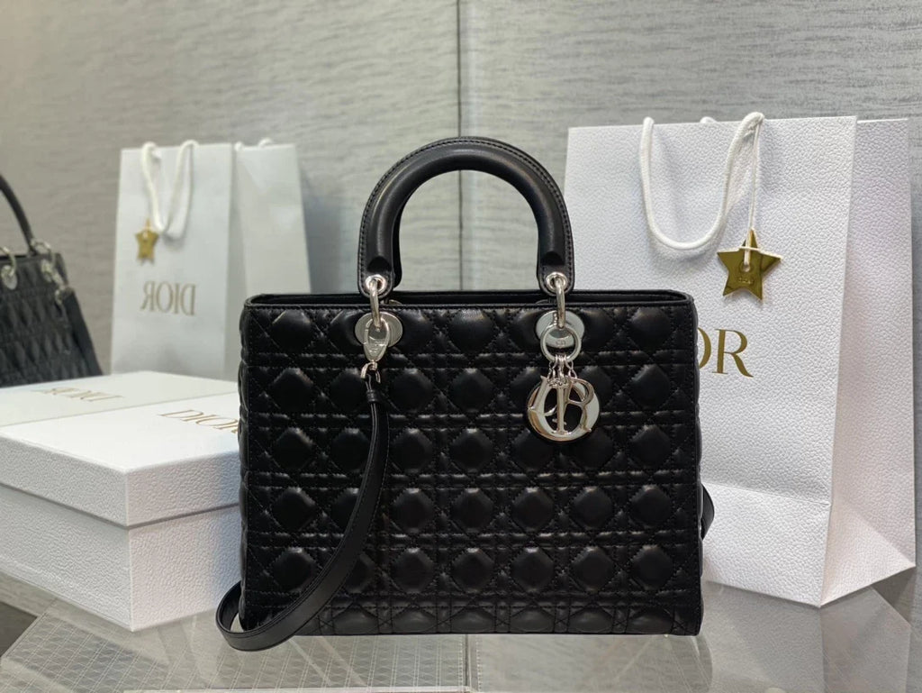 Large Lady Dior Bag M0566 Black Lambskin Silver Hardware - Default Title - View 1