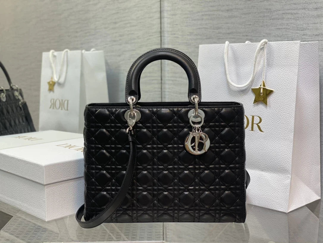 Large Lady Dior Bag M0566 Black Lambskin Silver Hardware - Default Title - View 1
