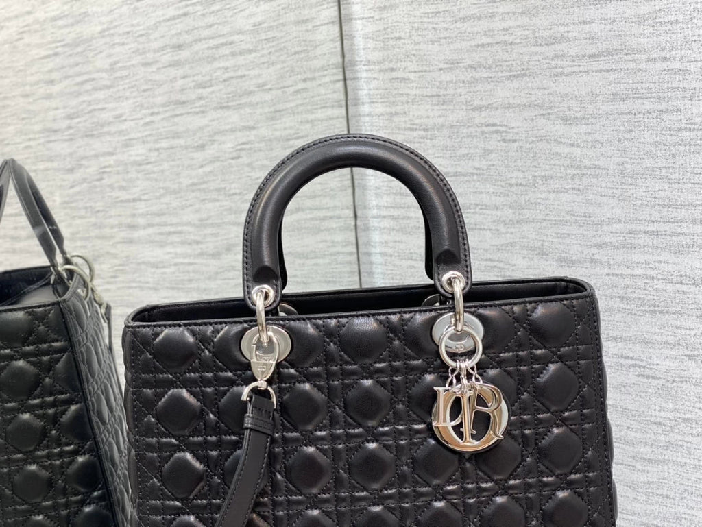 Large Lady Dior Bag M0566 Black Lambskin Silver Hardware - Default Title - View 4