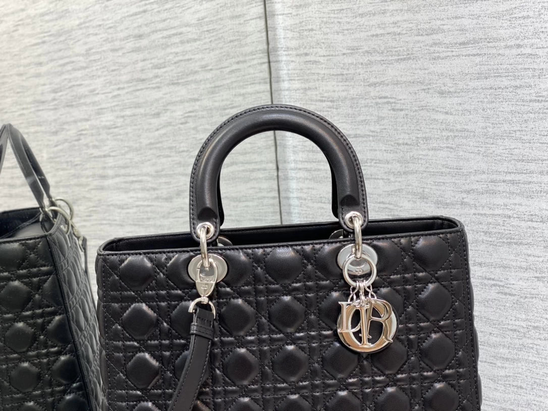 Large Lady Dior Bag M0566 Black Lambskin Silver Hardware - Default Title - View 4