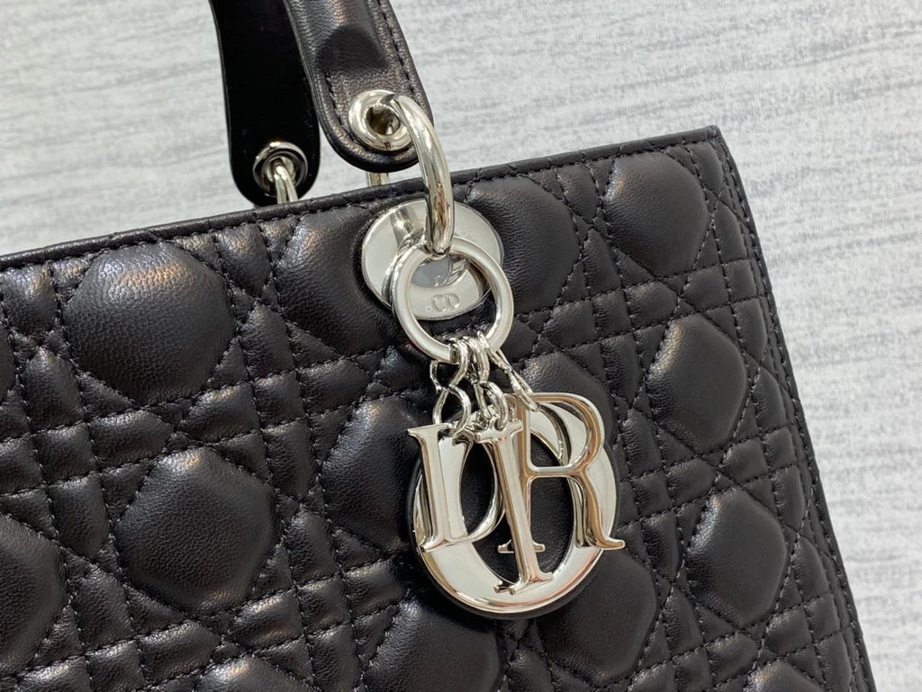 Large Lady Dior Bag M0566 Black Lambskin Silver Hardware - Default Title - View 5