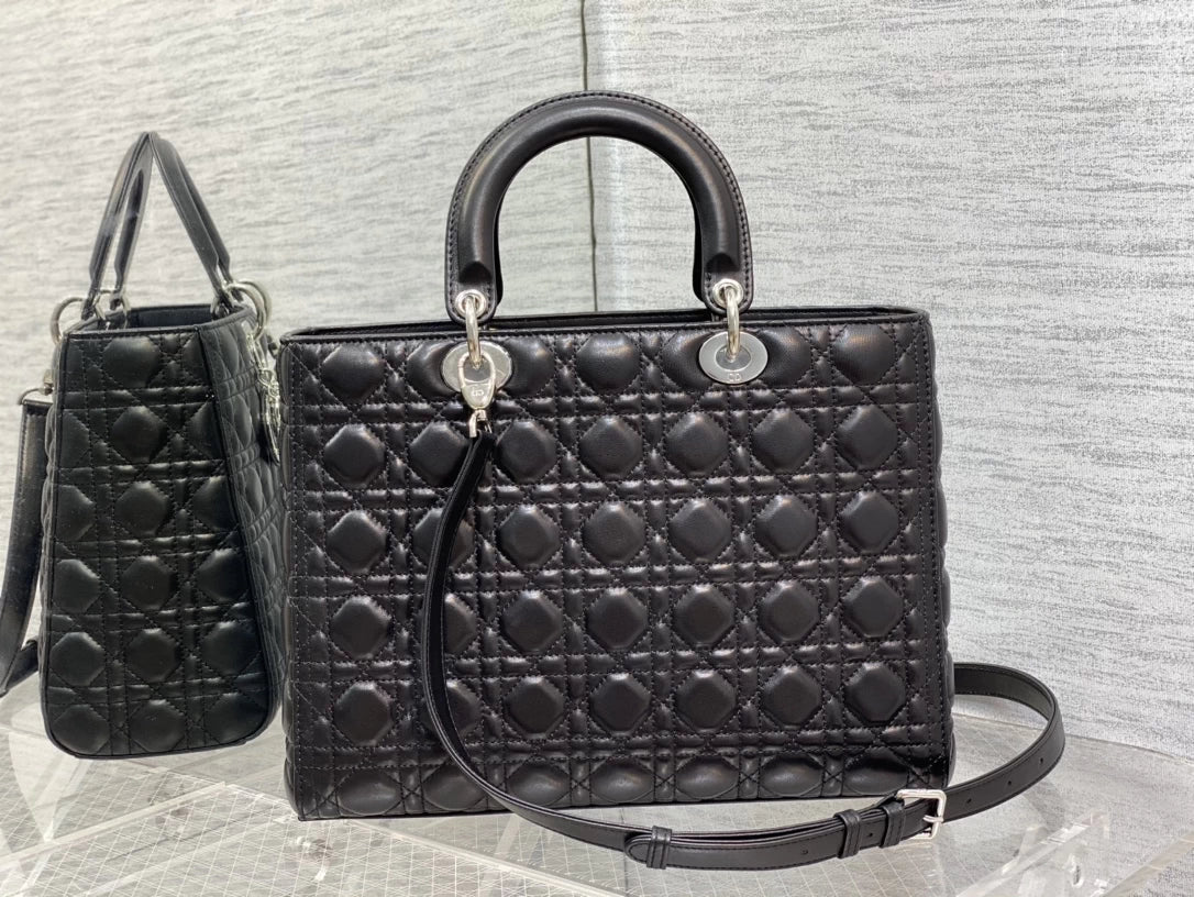 Large Lady Dior Bag M0566 Black Lambskin Silver Hardware - Default Title - View 2