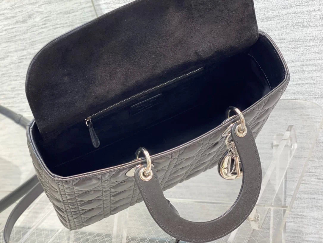 Large Lady Dior Bag M0566 Black Lambskin Silver Hardware - Default Title - View 8