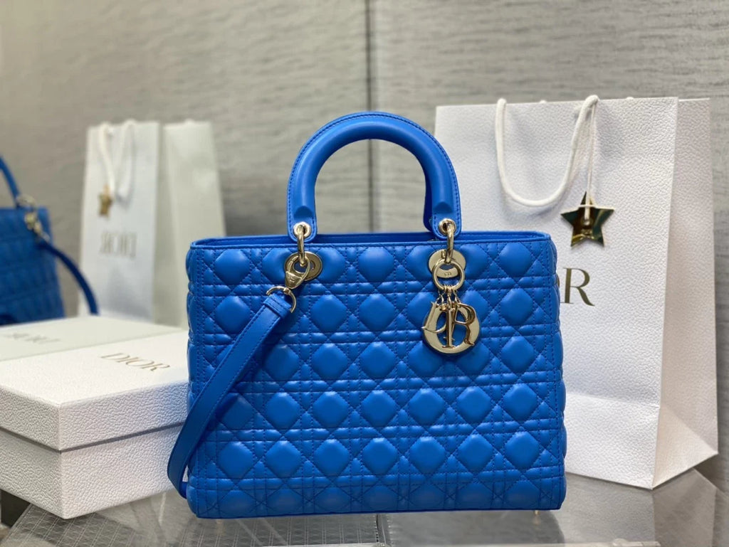 Large Lady Dior Bag M0566 Dark Blue Lambskin Gold Hardware - Default Title - View 1