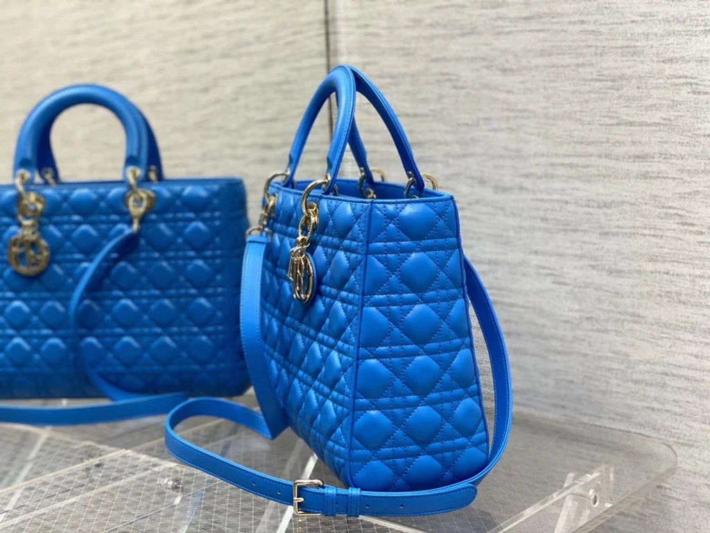 Large Lady Dior Bag M0566 Dark Blue Lambskin Gold Hardware - Default Title - View 3