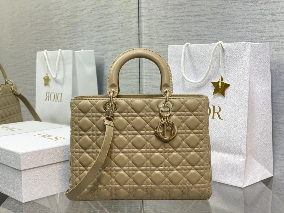 Large Lady Dior Bag M0566 Dark Apricot Lambskin Gold Hardware - Default Title - View 1