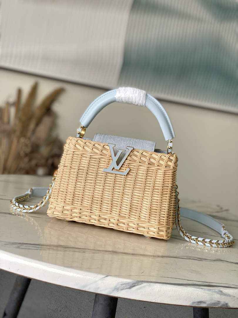 Louis Vuitton Capucines Mini Bag, M14295 Washed Light Blue Rattan and denim