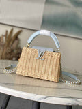 Louis Vuitton Capucines Mini Bag, M14295 Washed Light Blue Rattan and denim