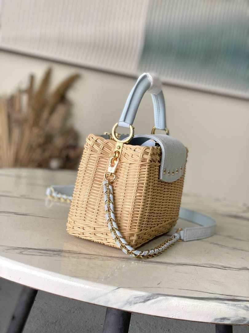 Louis Vuitton Capucines Mini Bag, M14295 Washed Light Blue Rattan and denim