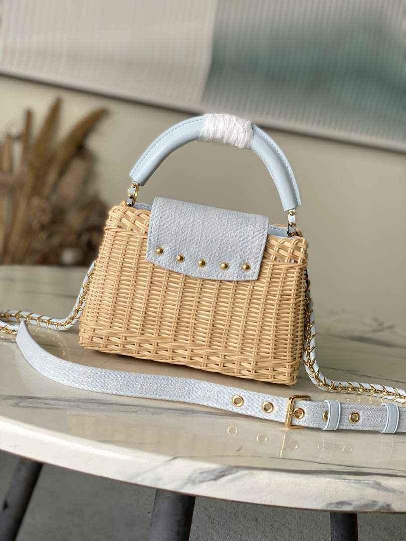 Louis Vuitton Capucines Mini Bag, M14295 Washed Light Blue Rattan and denim