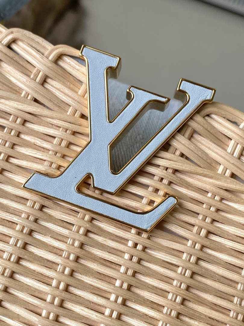 Louis Vuitton Capucines Mini Bag, M14295 Washed Light Blue Rattan and denim