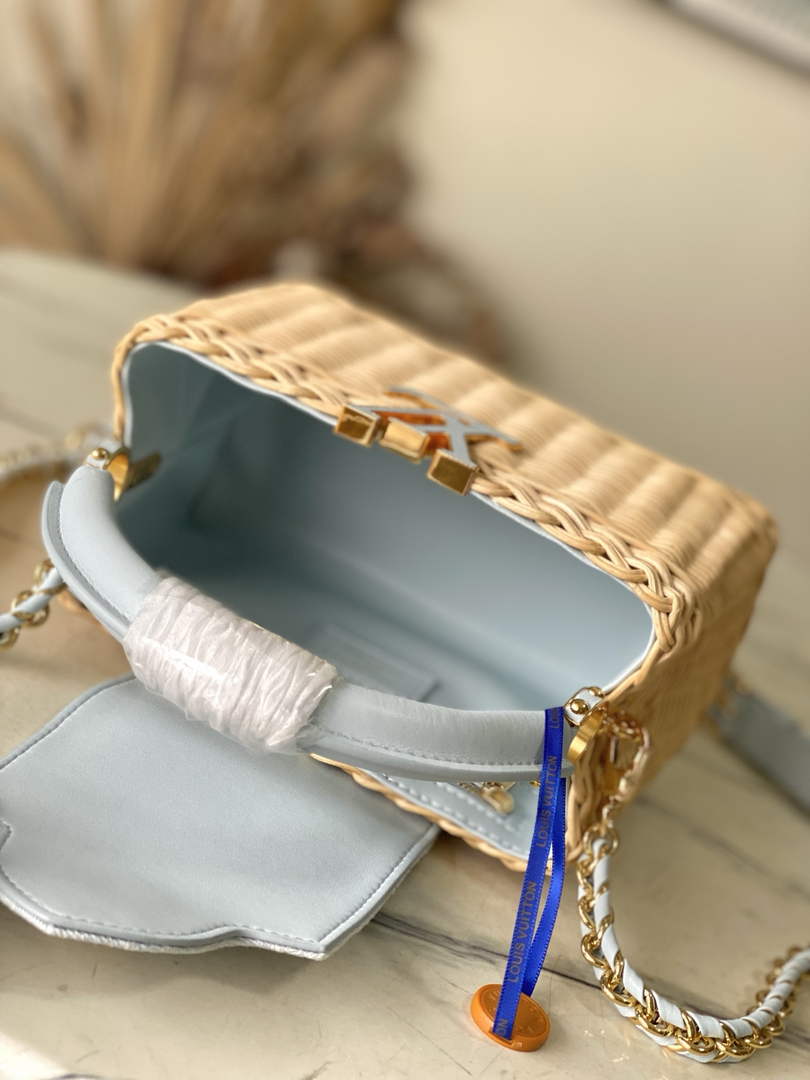 Louis Vuitton Capucines Mini Bag, M14295 Washed Light Blue Rattan and denim