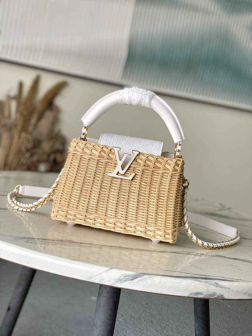 Louis Vuitton Capucines Mini Bag, M14295 Washed White Rattan and denim