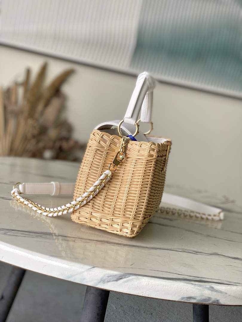 Louis Vuitton Capucines Mini Bag, M14295 Washed White Rattan and denim