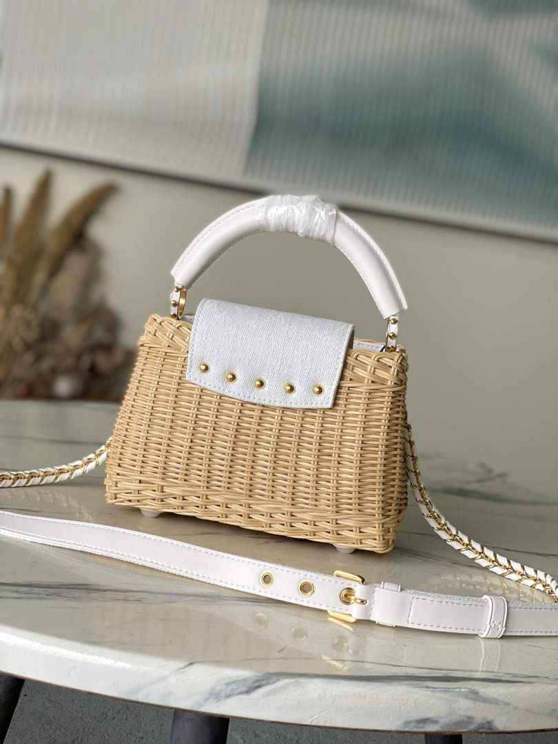 Louis Vuitton Capucines Mini Bag, M14295 Washed White Rattan and denim