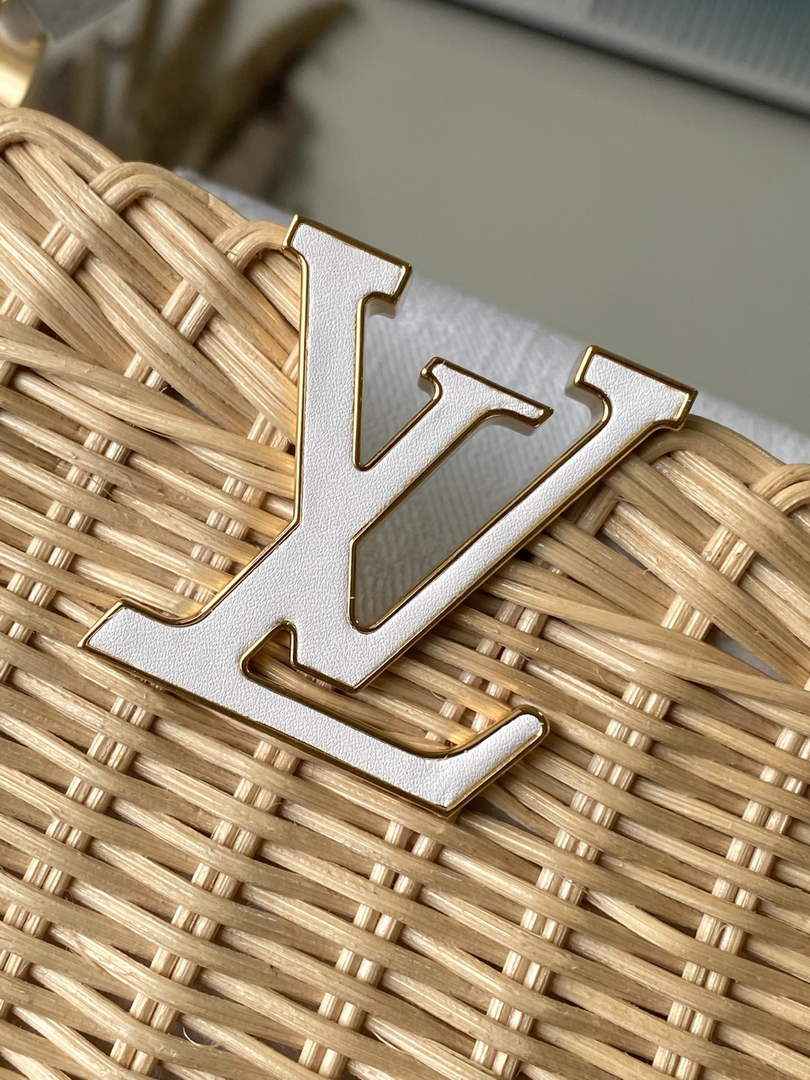 Louis Vuitton Capucines Mini Bag, M14295 Washed White Rattan and denim