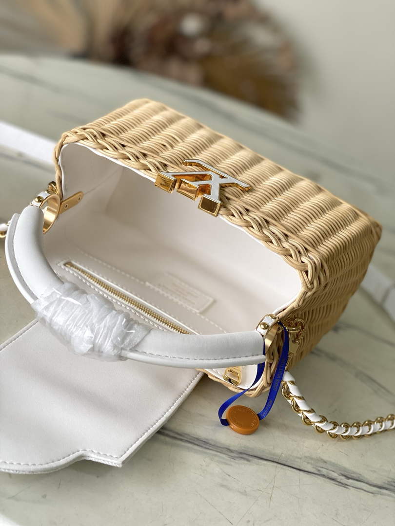 Louis Vuitton Capucines Mini Bag, M14295 Washed White Rattan and denim